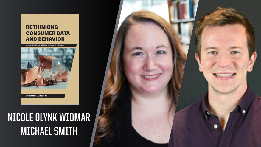 In Print graphic with Nicole Olynk Widmar and Michael Smith and the cover of their book “Rethinking Consumer Data and Behavior.”