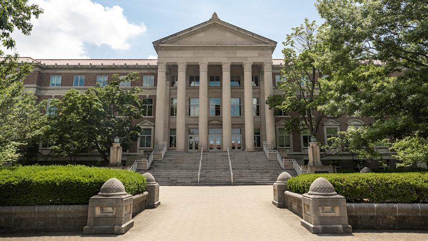 Hovde Hall, Purdue University's administrative building, viewed from the front entrance.