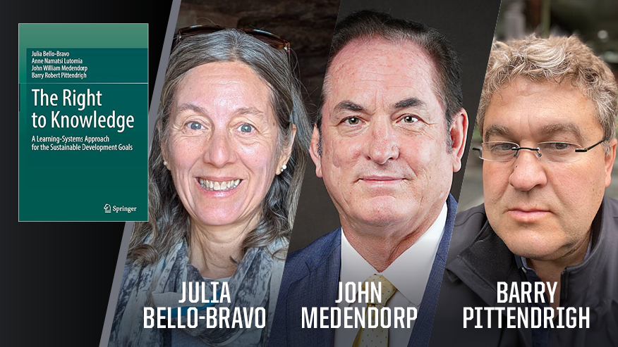 Graphic with Julia Bello-Bravo, John Medendorp, Barry Pittendrigh and the cover of their book “The Right to Knowledge.”