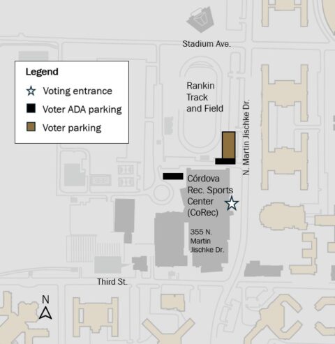 Map showing location Córdova Recreational Sports Center, voting entrances and parking