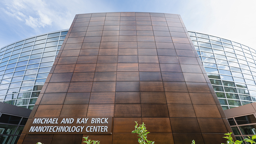The exterior of Birck Nanotechnology Center, which has large windows and a brown facade.