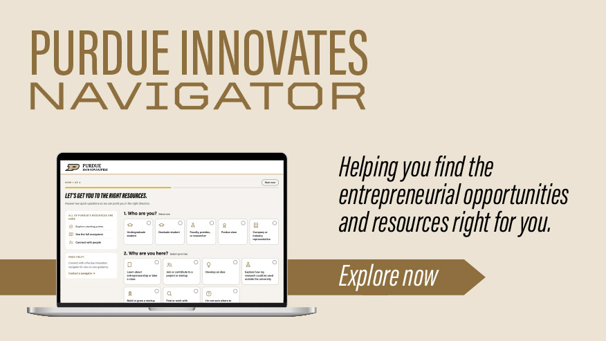Promotional graphic for Purdue Innovates Navigator with a laptop image and a call to explore entrepreneurial resources.