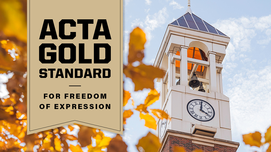 A graphic with an “ACTA Gold Standard for Freedom of Expression” banner beside the Purdue Bell Tower in autumn.