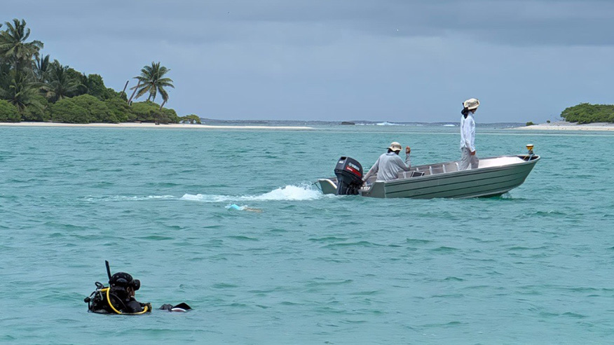 A diver surveys shallow lagoon waters while a small support boat operates nearby.
