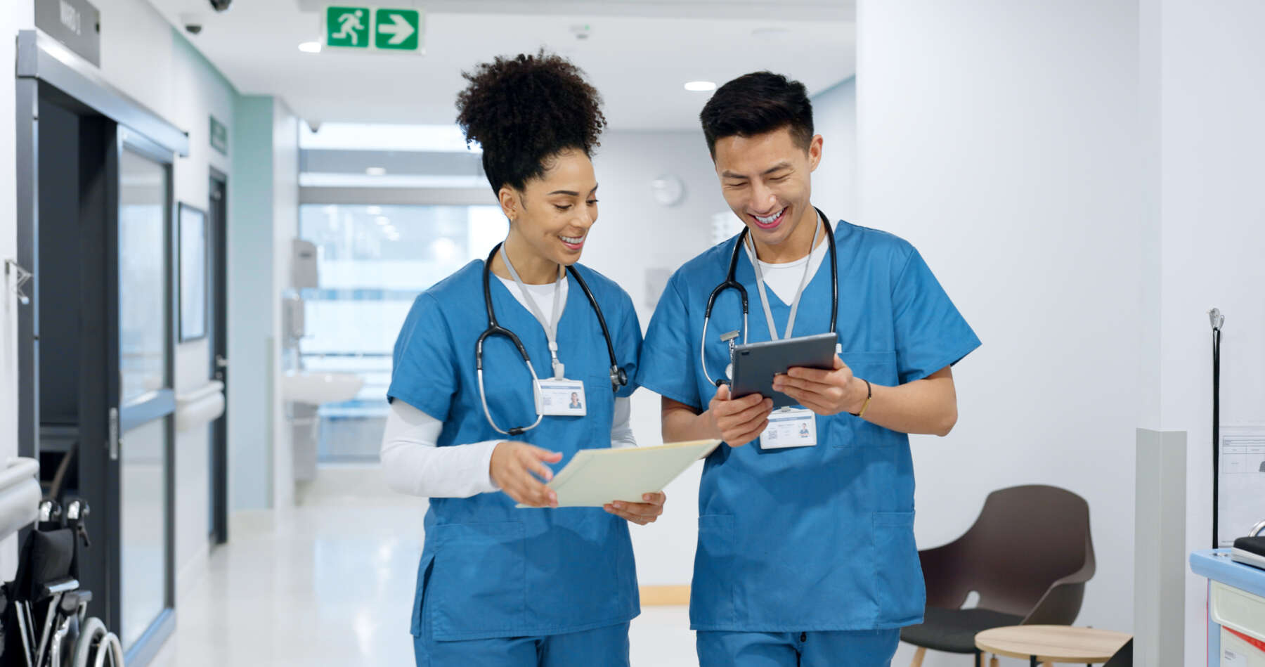 Hospital, nurse and people with tablet in discussion with analysis of results and health report in clinic. Healthcare, teamwork and medical students with tech for diagnosis, research or collaboration.