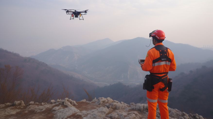 A man in a bright orange safety suit pilots a drone using a remote control. There are several scenic mountains in the distance.