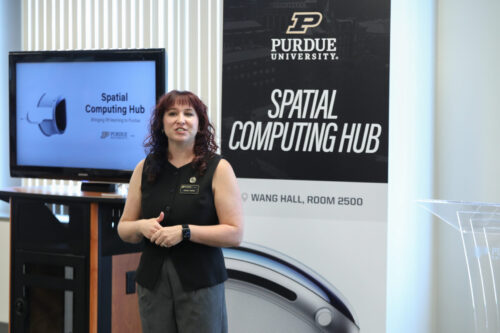 Purdue University Senior Educational Technologist and Spatial Computing Hub Project Leader Kristen Hamby welcomes the campus community to the new innovative space. Purdue University Senior Educational Technologist and Spatial Computing Hub Project Leader Kristen Hamby welcomes the campus community to the new innovative space.