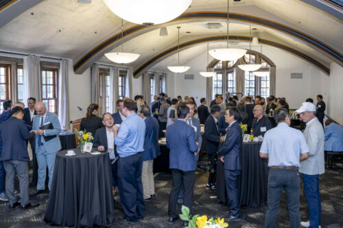 From September 7 to 9, representatives from universities, research institutions and companies from the United States and Japan attended the 10th Annual U.S. and Japan Digital Innovation Hub & Advanced Technology Workshop at Purdue University. A large group of people, all formally dressed, stand around small tables talking and enjoying refreshments.