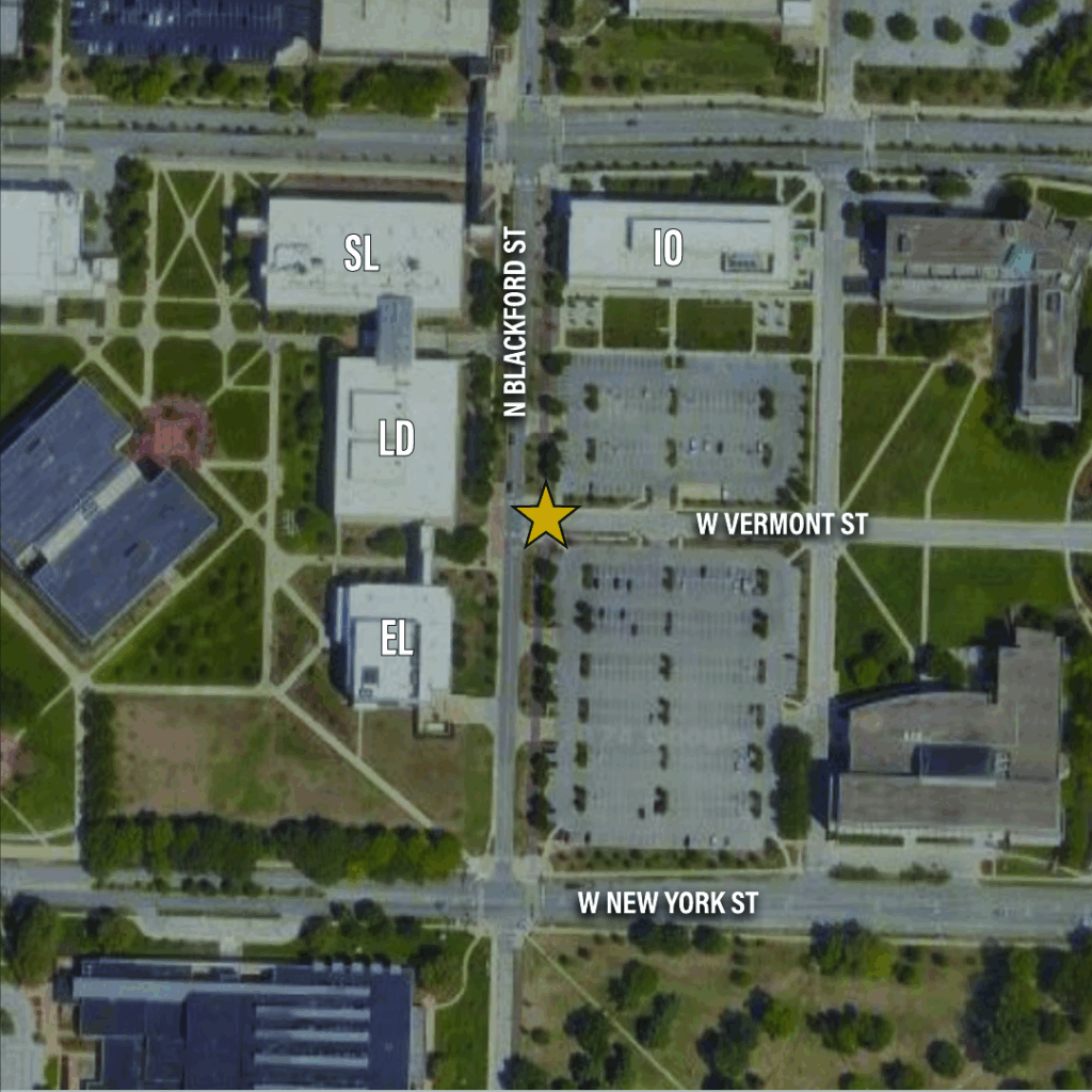 Map showing the pick-up and drop-off location for Indianapolis is along W. Vermont Street, near the intersection with N. Blackford Street.
