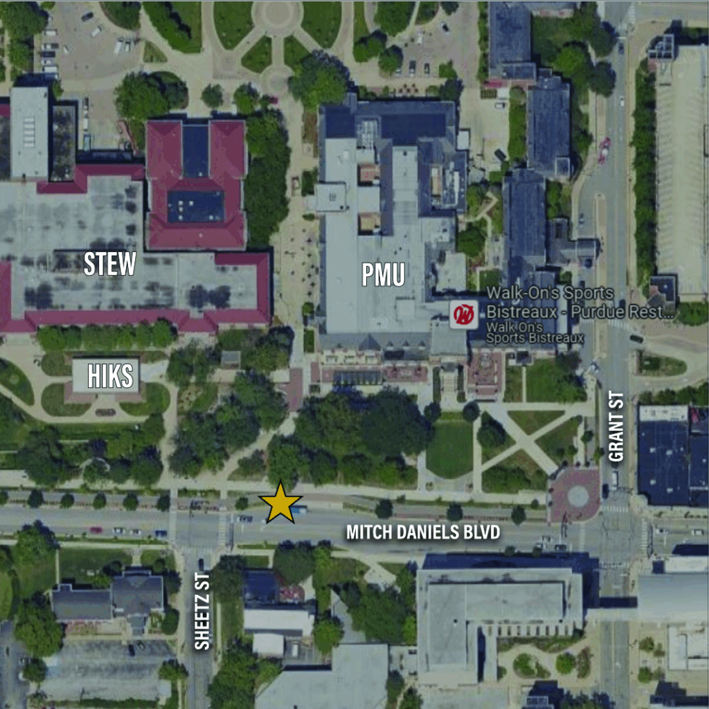 Map showing the pick-up and drop-off location on the West Lafayette campus in front of the Purdue Memorial Union and Stewart Center (PMU/STEW) along Mitch Daniels Boulevard.