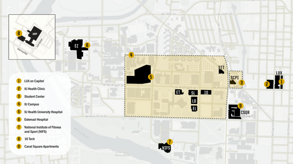 Map of Lyft Safe Ride service area at Purdue Indianapolis showing a geo-fenced campus area bounded by Walnut Street (north), Dr. Martin Luther King Jr. Street (east), New York Street (south), and Barnhill Drive (west). IU Health University Hospital is located within the boundary. Additional designated pickup locations outside the boundary include LUX on Capitol, IU Health Clinic, Eskenazi Hospital, the Student Center, the National Institute for Fitness and Sport (NIFS), 16 Tech, and Canal Square Apartments.