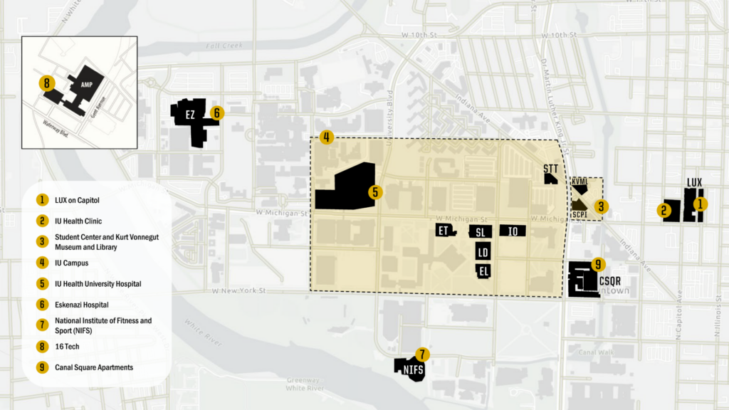 Map of Lyft Safe Ride service area at Purdue Indianapolis showing a geo-fenced campus area bounded by Walnut Street (north), Dr. Martin Luther King Jr. Street (east), New York Street (south), and Barnhill Drive (west). IU Health University Hospital is located within the boundary. Additional designated pickup locations outside the boundary include LUX on Capitol, IU Health Clinic, Eskenazi Hospital, the Student Center, the National Institute for Fitness and Sport (NIFS), 16 Tech, Canal Square Apartments and the Kurt Vonnegut Museum and Library.