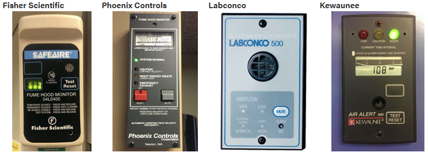 Examples of digital fume hood monitoring devices from Fisher Scientific, Phoenix Controls, Labconco, and Kewaunee.