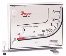 Dwyer inclined manometer with angled pressure scale and fluid indicator.