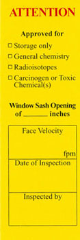 Yellow sash opening sticker showing approved sash opening and face velocity.