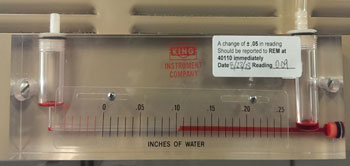 King inclined manometer showing inches of water pressure scale.