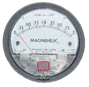 Magnehelic pressure gauge showing inches of water scale.