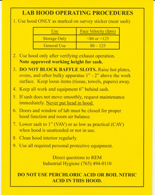 High performance lab hood operating procedures sign with airflow requirements and safety rules.