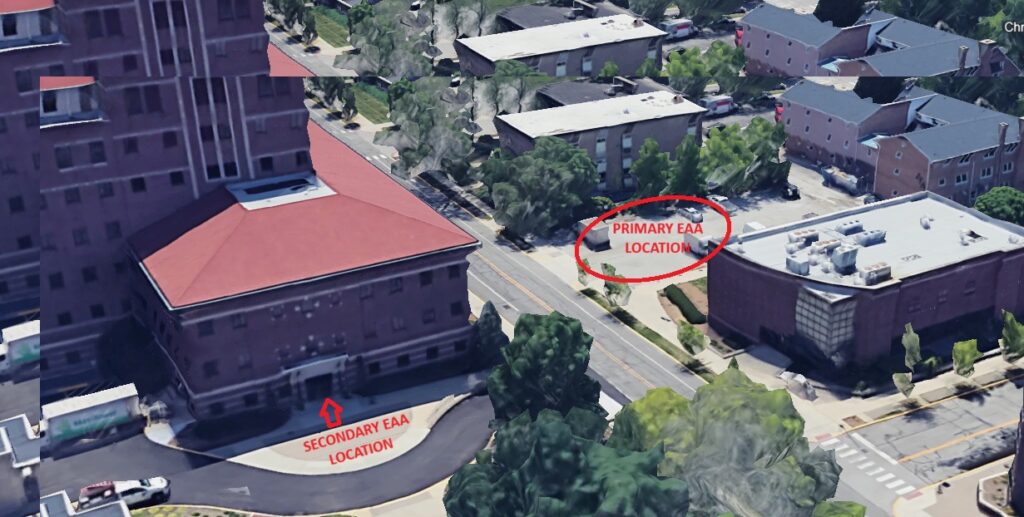 Map showing the secondary EAA location inside the main lobby of BRNG and the pimary EAA in the 
parking lot south of TEL 