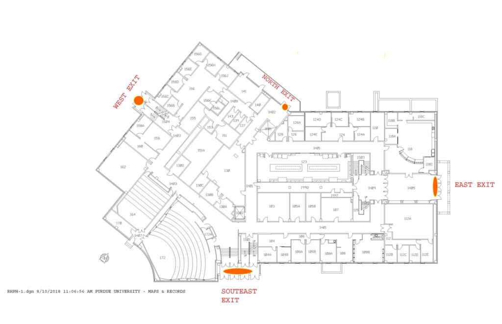 Building map showing the four building exits: West, North, East and Southeast