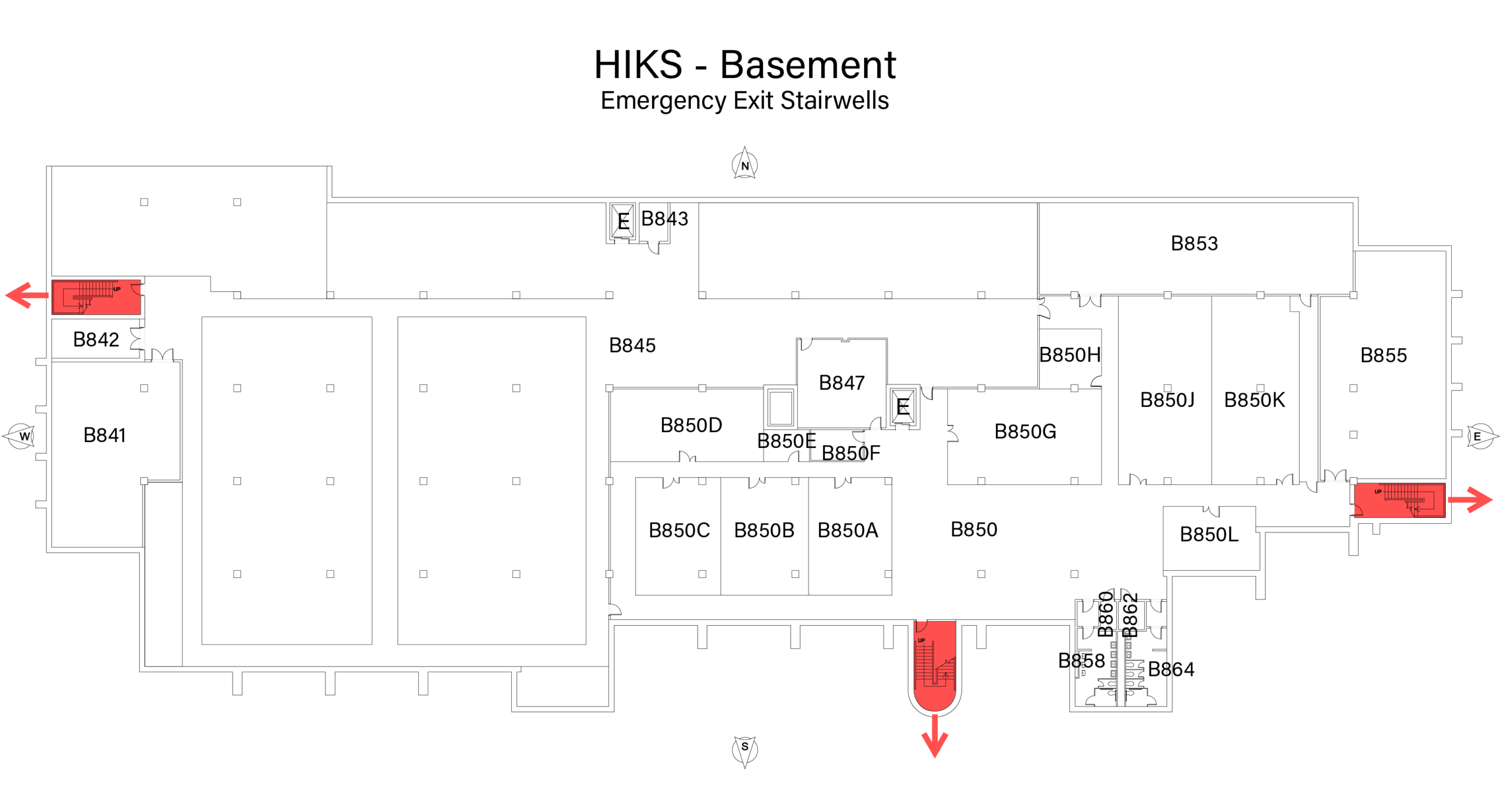 Floor plan of HIKS basement floor, highlighting emergency exit stairwells on the East, South, and West ends of the building.