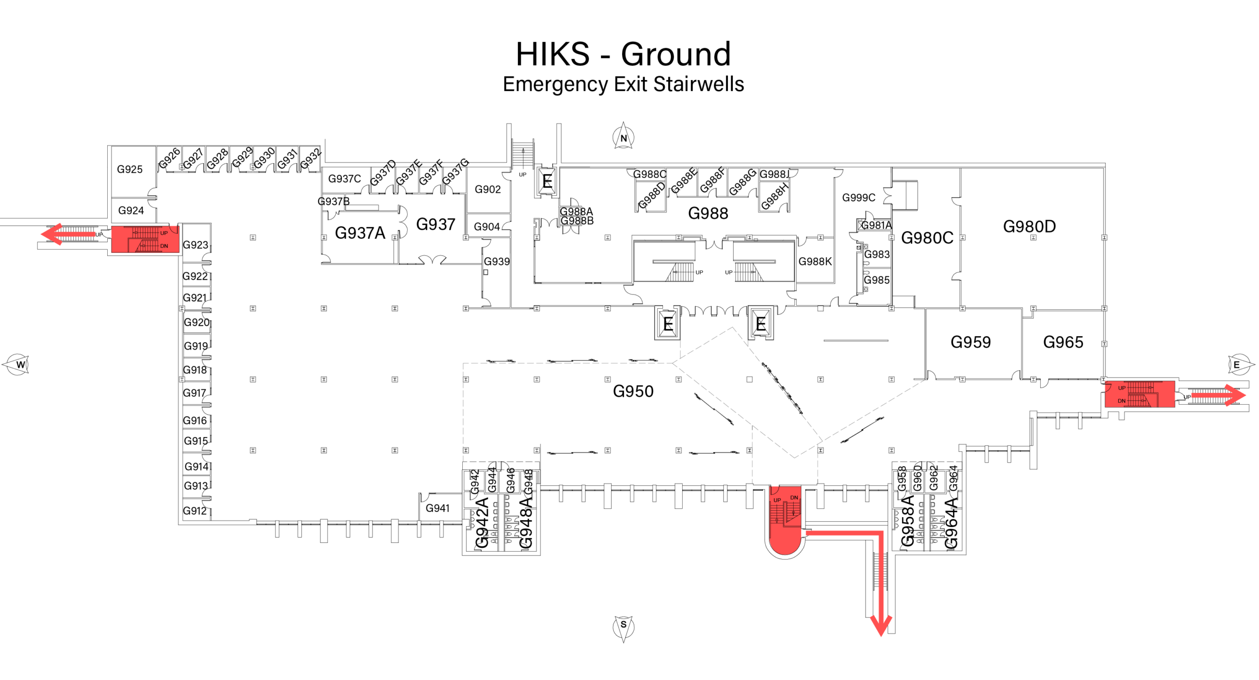 Floor plan of HIKS ground floor, highlighting emergency exit stairwells on the East, South, and West ends of the building.