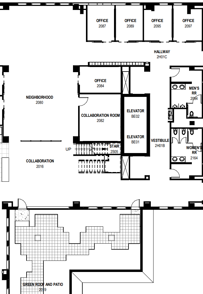 Map of DSAI 2nd floor AED. In the 2016 Collaboration, next to Green Roof and Patio.