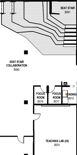 Map of DSAI Basement AED location. Next to B031 Teaching Lab.