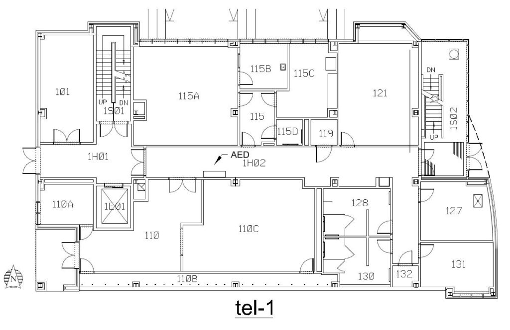 Map showing the AED location on the first floor main hallway of the Telecommunications Building