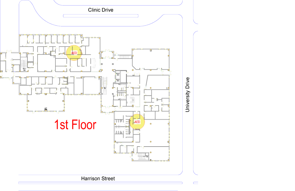 Map of LYLE first floor with AED locations.