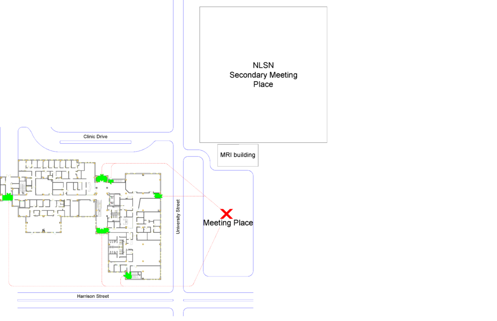Map showing primary EAA location in the parking lot across University Street.