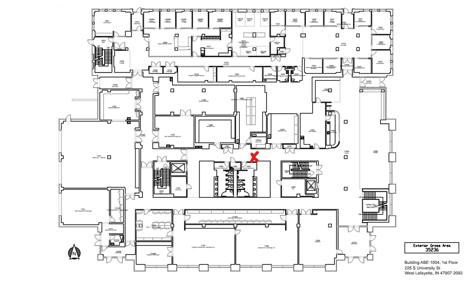 This is the 1st floor floor plan of ABE. The AED location is marked with a red X.