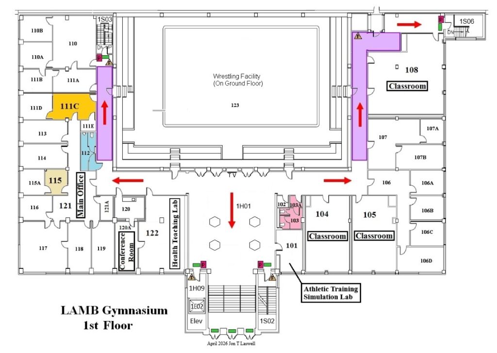 A detailed black-and-white floor plan labeled at the bottom “LAMB Gymnasium 1st Floor.” The plan shows a large central space titled “Wrestling Facility (On Ground Floor), Room 123,” surrounded by corridors, classrooms, offices, and support rooms. Purple highlighted corridor routes indicate Severe Weather Safe Zones left and right of the wrestling area. Red arrows directional routes through hallways and rooms, including arrows pointing right, upward, and downward within the purple-highlighted area indicate Evacuation Paths. On the left side of the plan are numbered rooms including offices and storage areas, such as Rooms 111A, 111B, 113, 114, and a highlighted yellow room labeled 111C indicates the Mail Room. Near this area a small room 121 is labeled “Main Office” and adjacent room 115 highlighted tan indicates Lost and Found. At the bottom center is a main entrance Commons labeled “1H01,” with elevators marked “Elev” and stair areas labeled IS02 and IS03 & at the top right corner IS06. Nearby rooms include a “Health Training Lab” Room 122, a “Conference Room” Room 120A, and an “Athletic Training Simulation Lab” Room 101. On the right side of the floor plan are multiple classrooms labeled Rooms 104, 105, and 108, along with adjoining smaller rooms numbered 106A through 106D and 107A and 107B. A note at the bottom reads “April 2026 Jon T. Laswell.