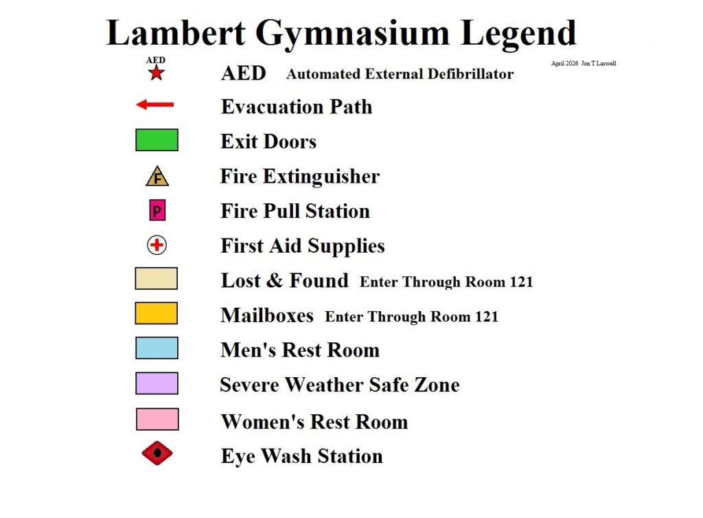 Legend titled “Lambert Gymnasium Legend” that explains symbols used on a building safety and facilities map. Symbols include: a red star labeled “AED” for Automated External Defibrillator; a red arrow for Evacuation Path; a green rectangle for Exit Doors; a yellow triangle for Fire Extinguisher; a pink square labeled “P” for Fire Pull Station; a white circle with a red cross for First Aid Supplies; a tan rectangle for Lost and Found, entered through Room 121; a yellow rectangle for Mailboxes, entered through Room 121; a light blue rectangle for Men’s Rest Room; a purple rectangle for Severe Weather Safe Zone; a light pink rectangle for Women’s Rest Room; and a red diamond symbol for Eye Wash Station. A note in the upper right reads “April 2026 Jon T. Laswell.”