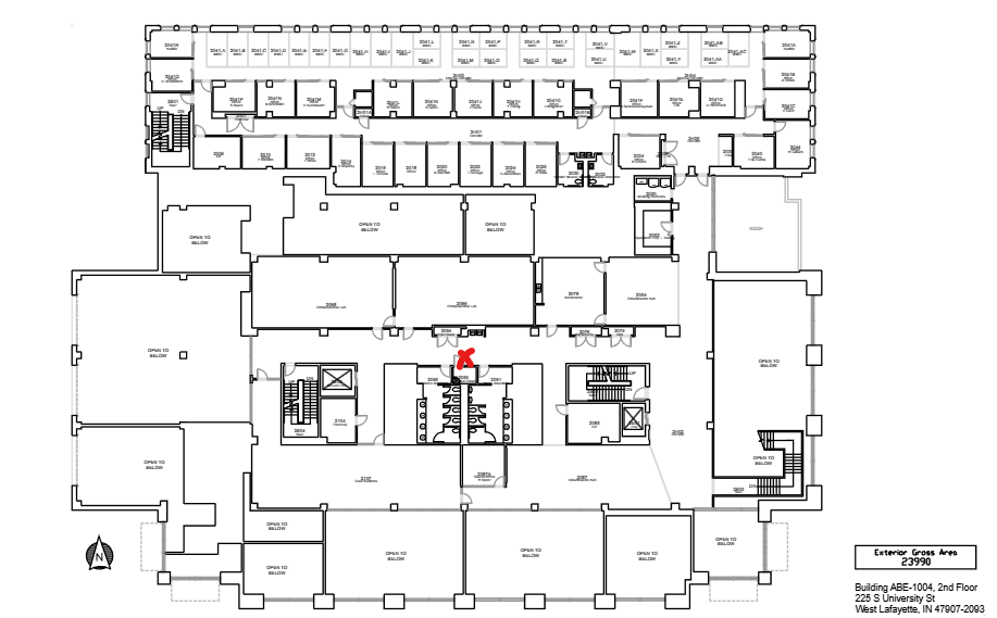 Floor plan of ABE 2nd floor. Red X indicates where AED location is.