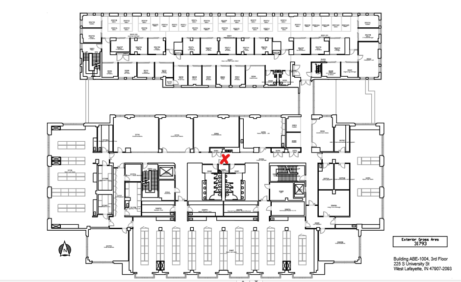 ABE 3rd floor floor plan. AED location marked by red X.