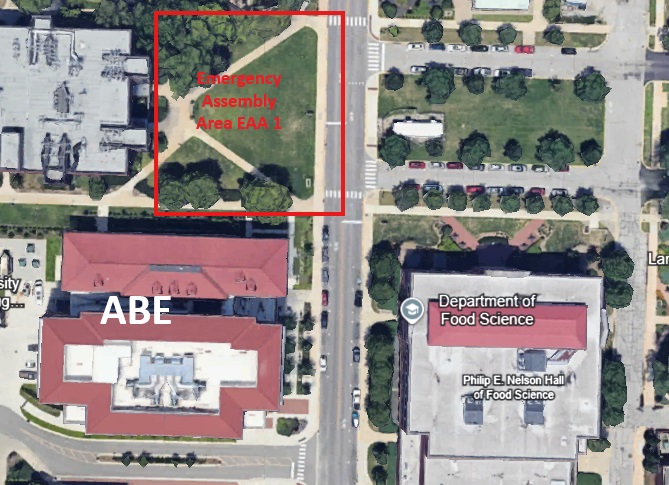 Google map image of ABE. The red square shows ABE's Emergency Assembly Area 1 just north of the ABE building.