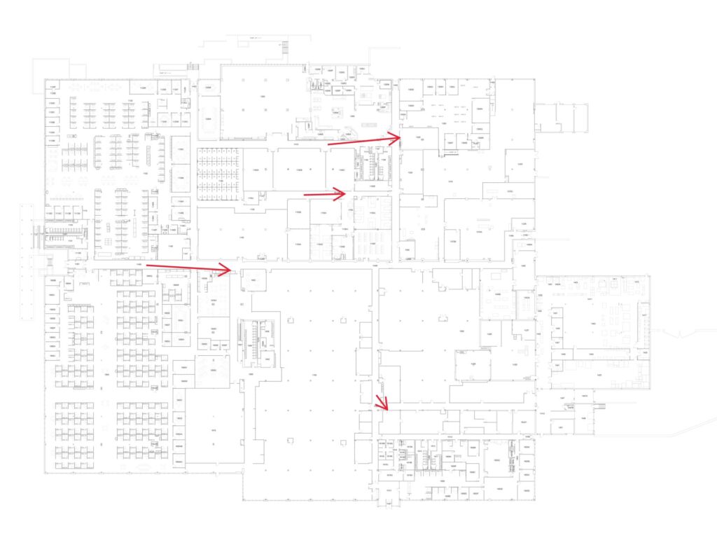 Map of AED locations inside 2550 Northwestern Ave.
1. Main hallway beside vending machines and door to Suite 1800.
2. Nursing Labs Hallway on wall beside room 1150I.
3. Hallway intersection near door to room 1320.
4. Hallway near door to room 1630.