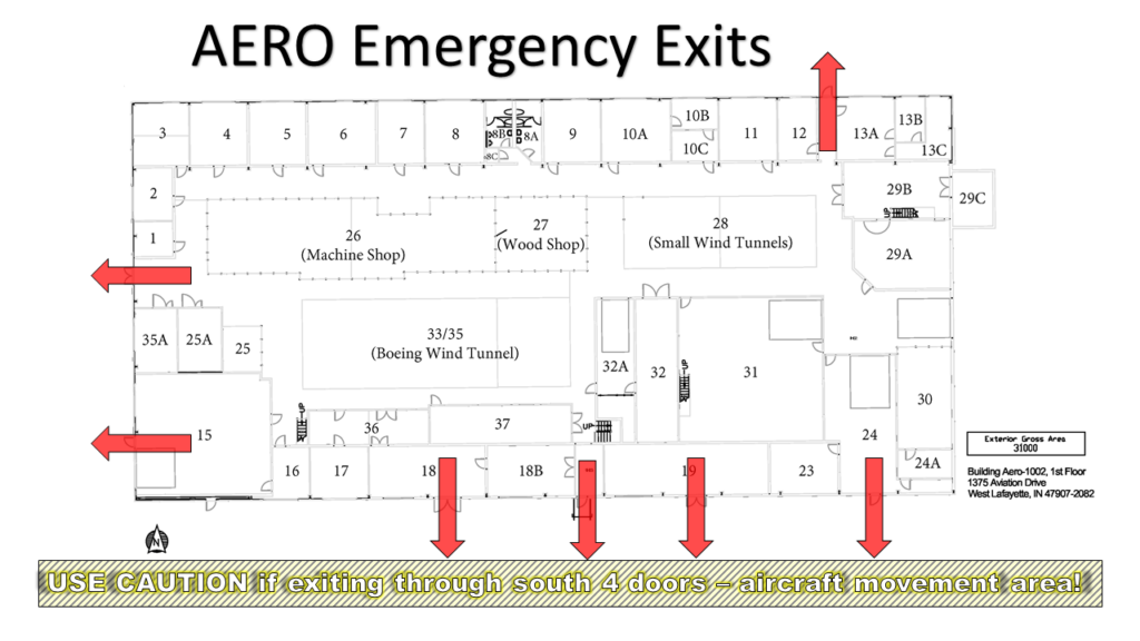 A floor plan titled “AERO Emergency Exits” highlights emergency exit routes with red arrows along the north, west, and south sides of the building. A warning at the bottom notes to use caution when exiting through the four southern doors due to nearby aircraft movement.