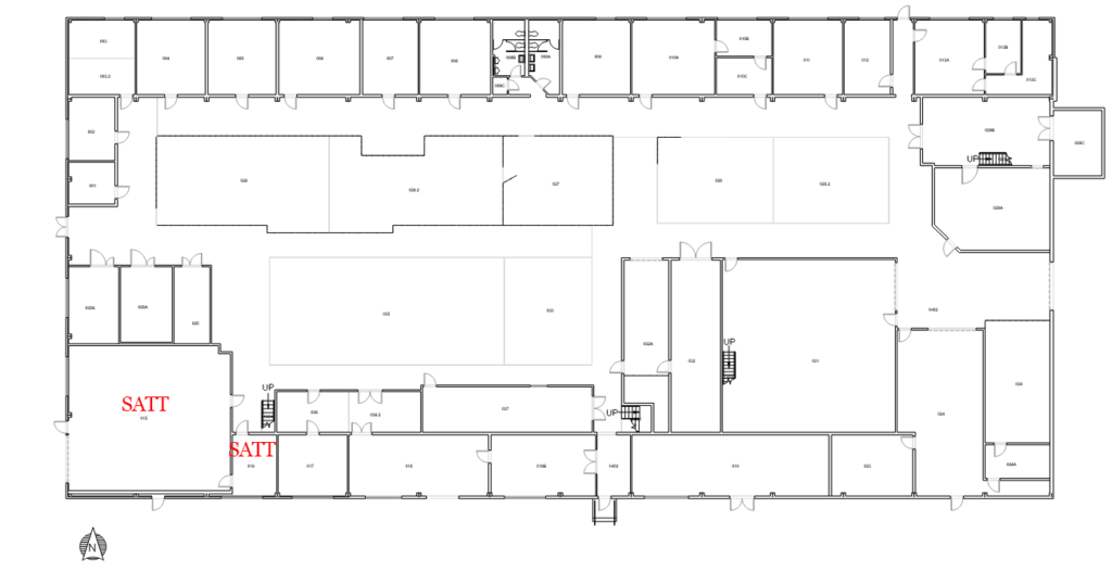 Floor plan of first floor in AERO building. Indicates that the School of Aviation and Transportation Technology controls rooms 015 and 016.