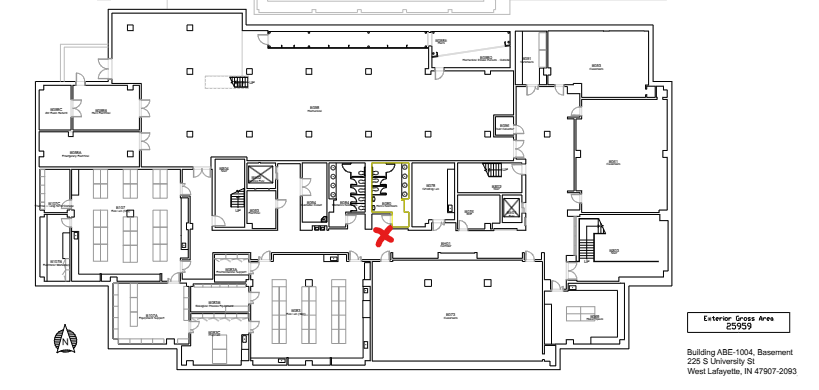 Picture of the basement floor plan of ABE. AED location is marked with a red X.