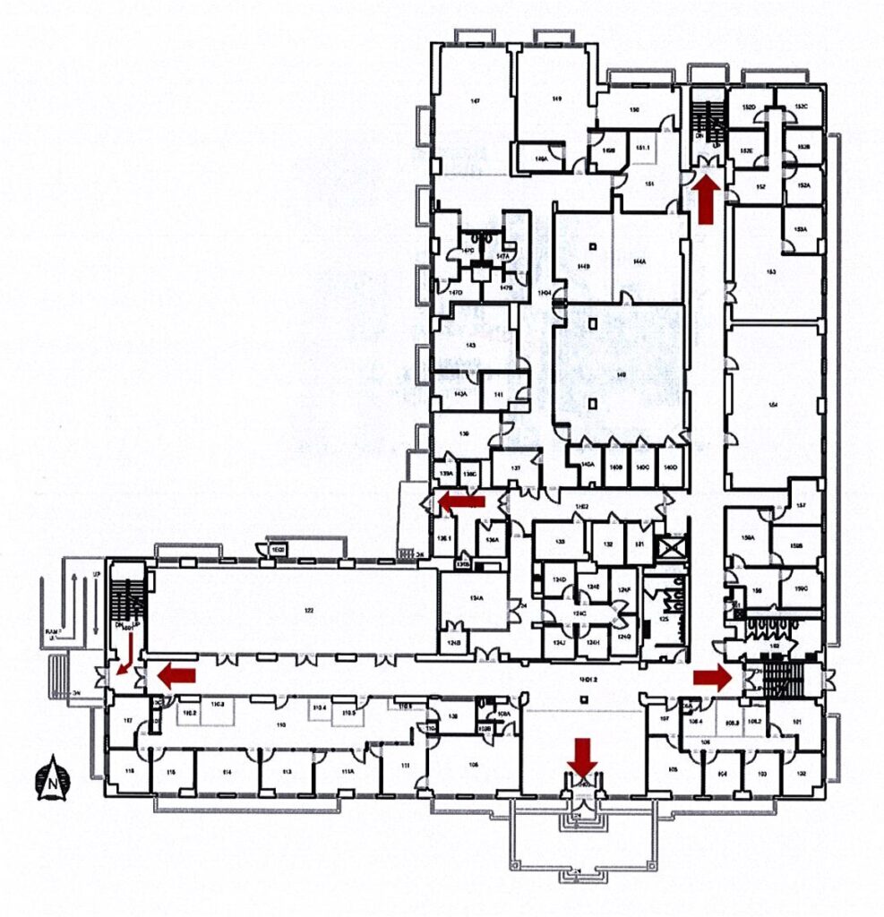 Map of emergency exits. Exits are located in the three stairwells, back dock, and the front lobby.