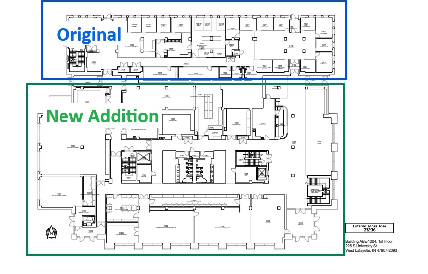 This picture is of the ABE floor plan indicating where the new vs old sides of the building are. Blue is old, green is new. Both are active spaces today.