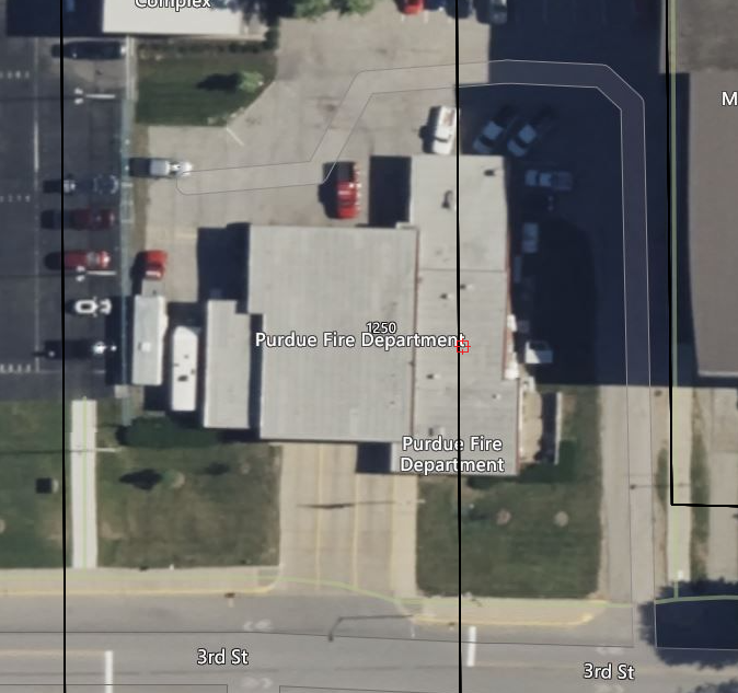 Aerial view of DMNT Fire Station showing the EAA on the south side of the building adjacent to Third Street.