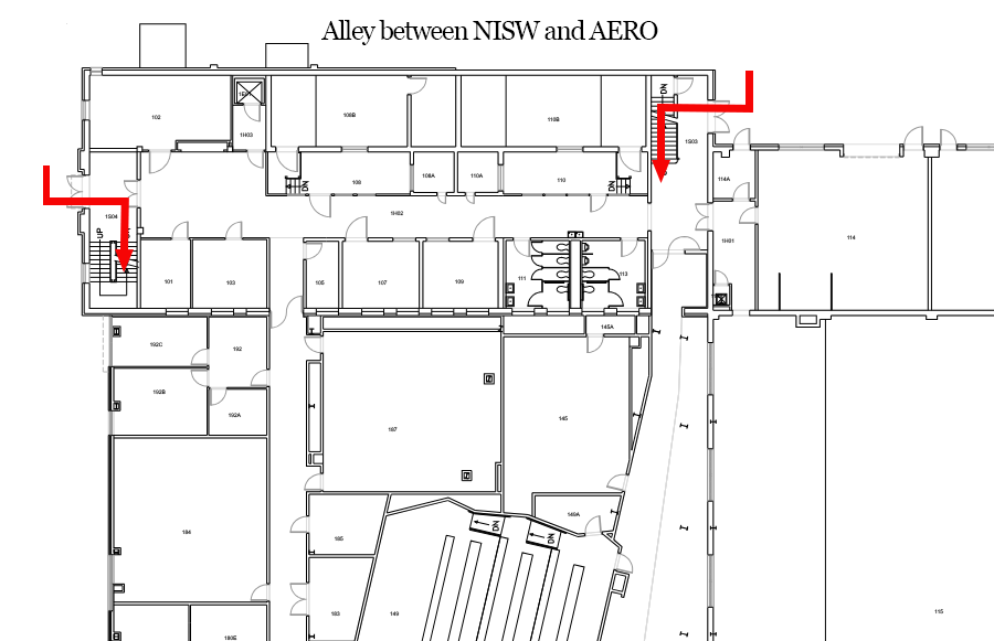 Niswonger Hall floorplan with arrows highlighting 1S04 North stairway and 1S03 Central stairway designated as access points to shelter in place location.