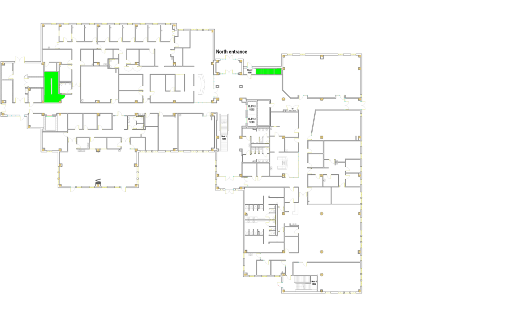Map of LYLE highlighting the north and west stairwells occupants should take to the basement.