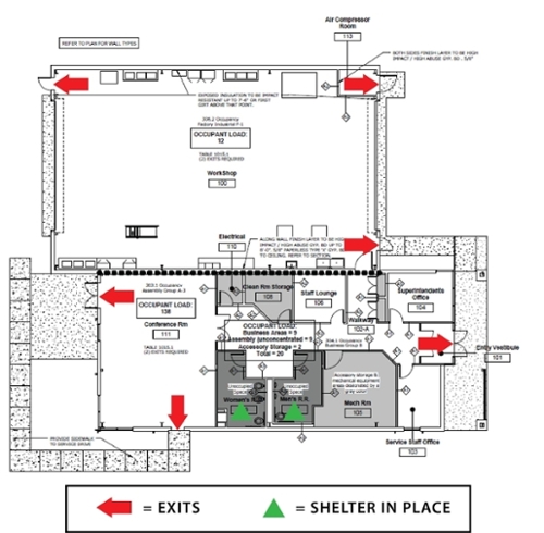 Map of office/shop shelter in place and evacuation locations