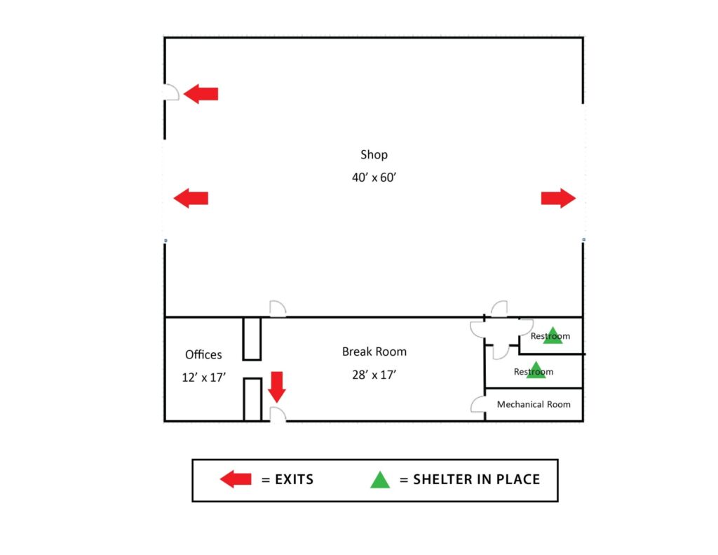 Map of evacuation and shelter in place locations in the office/shop building
