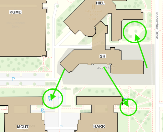 Campus map picture showing the evacuation assembly areas of South Hall