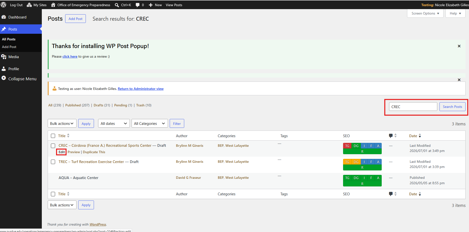 WordPress interface showing list of BEP posts. Red boxes highlight the search bar and edit button under the post.